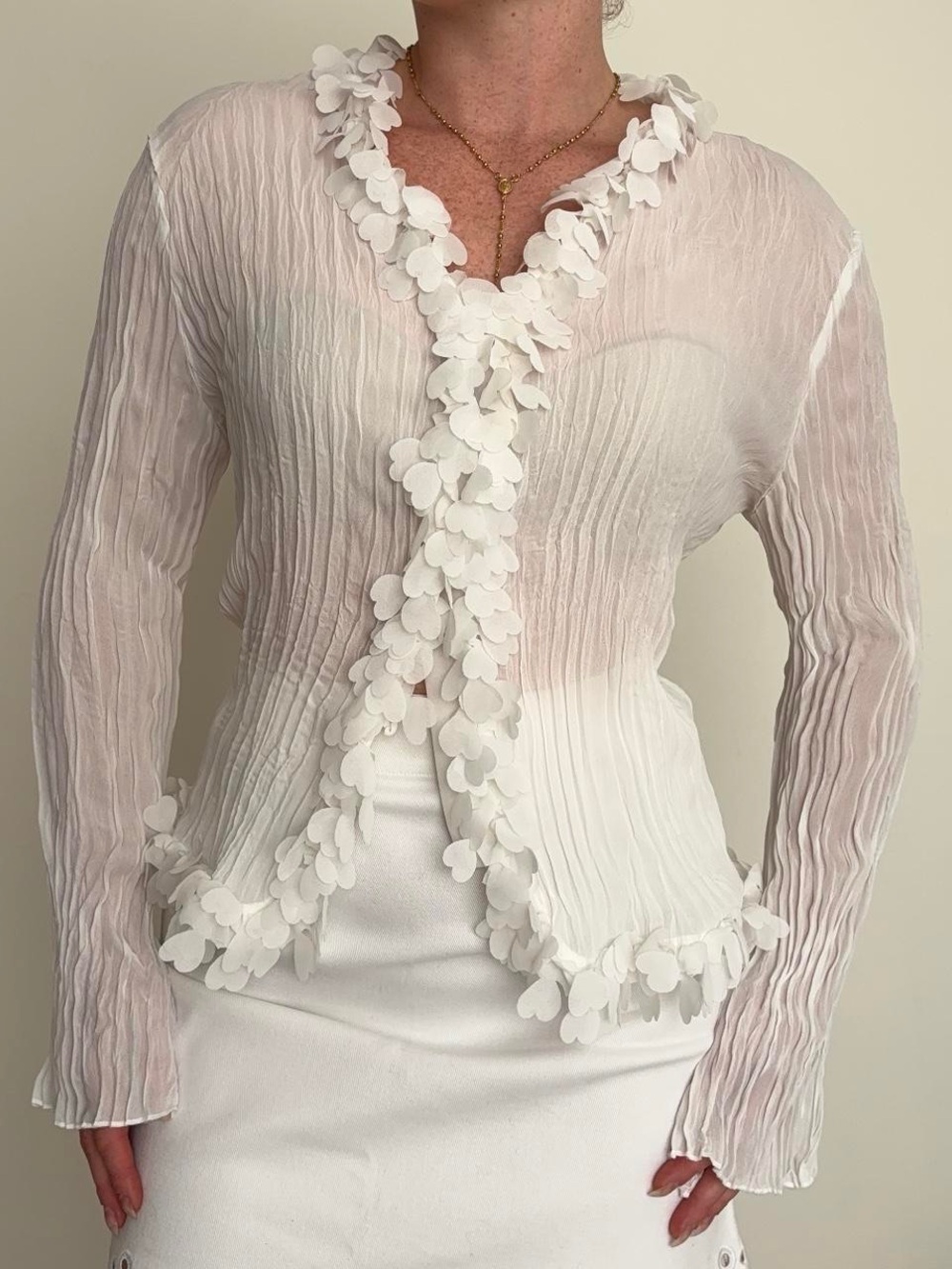 Women’s White Ruffled-Trim Open Cardigan Blouse